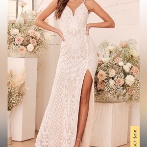 Destined for Romance Beige and White Sequin Maxi Dress